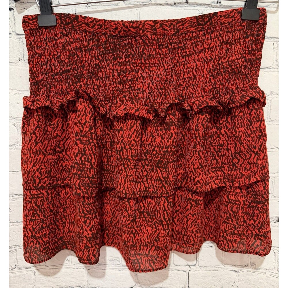 Michael Kors Tiered Ruffle Mini Skirt in red and black abstract print Medium